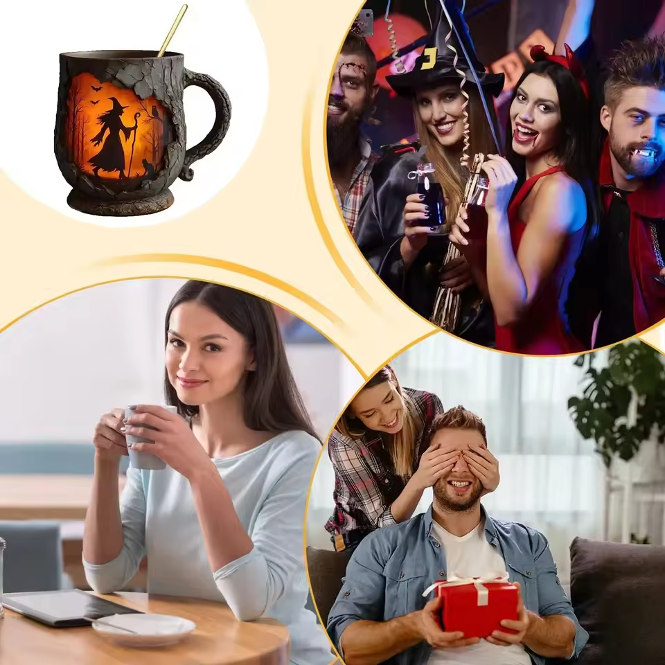 3D Halloween kézműves bögre – boszorkány és macska mintával