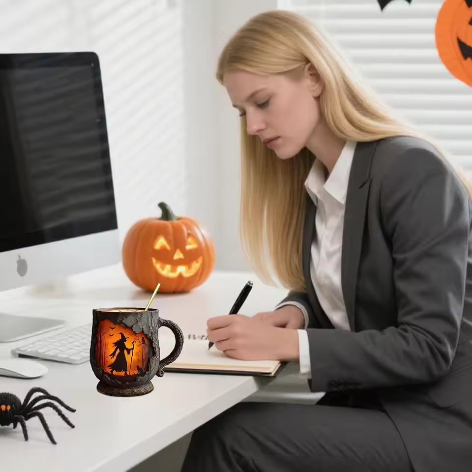 3D Halloween kézműves bögre – boszorkány és macska mintával